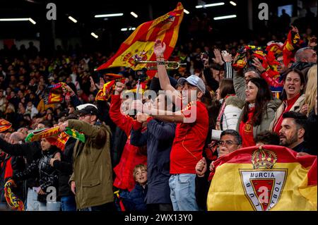 Madrid, Madrid, Spain. 26th Mar, 2024. Spain fans celebrate a goal during the friendly football match among the national teams of Spain and Brazil at Estadio Santiago Bernabeu, Madrid. (Credit Image: © Alberto Gardin/ZUMA Press Wire) EDITORIAL USAGE ONLY! Not for Commercial USAGE! Stock Photo