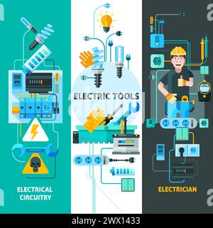 Electricity vertical banners set with electric circuitry symbols flat isolated vector illustration Stock Vector