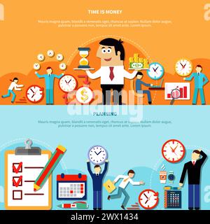 Two horizontal time management banners with flat human characters running clock and money signs with text vector illustration Stock Vector