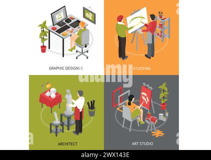 Architect graphic designer and painters working in art studio isometric 2x2 icons set isolated vector illustration Stock Vector