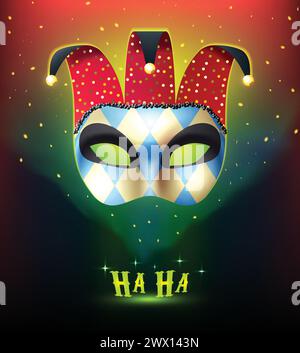 Masquerade background with realistic joker mask splendid on colorful stellar background with cartoon style mysterious lights vector illustration Stock Vector