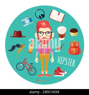 Hipster character man with red hair fake mustache and retro accessories flat round mint background abstract vector illustration Stock Vector