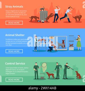Stray animals problems 3 flat horizontal banners set webpage design with animal shelters abstract isolated vector illustration Stock Vector