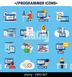 Programmer flat color decorative icons set of people sitting at desk with laptop and cup of coffee and images of page with algorithm and html code iso Stock Vector
