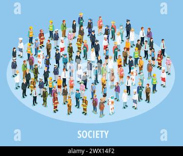 Professional society isometric background with people of different occupations and jobs isolated vector illustration Stock Vector