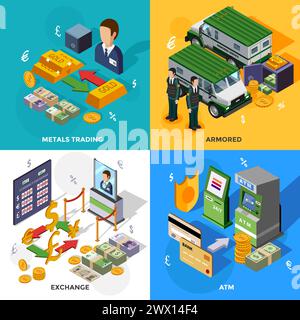 Bank 2x2 isometric design concept set with armored trucks cash machines metals trading and exchange rate compositions vector illustration Stock Vector