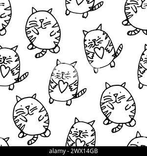 Seamless pattern with funny doodle cats with heart in paws. Outline contour hand-drawn illustration. Vector black and white print. Stock Vector