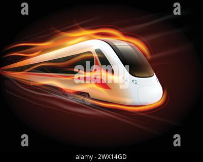 Night high-speed train on the way enwrapped in fire flames spectacular railways image poster print vector illustration Stock Vector