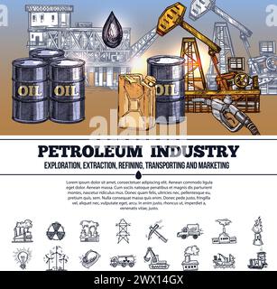 Oil industry infographics hand drawn layout with composition of elements of production refining and transportation of petroleum products vector illust Stock Vector