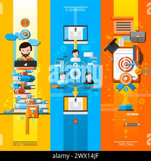 Online education vertical banners set with self-training symbols flat isolated vector illustration Stock Vector