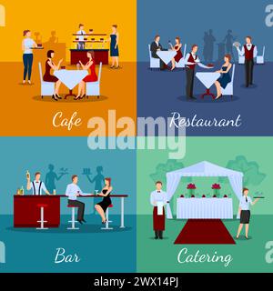 Catering concept icons set with cafe and bar symbols flat isolated vector illustration Stock Vector