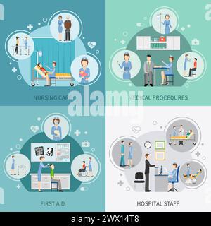 Nurse health care 2x2 design concept set of hospital staff providing first aid and performing medical procedures flat vector illustration Stock Vector