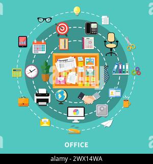 Office decorative icons set in circle order with briefcase globe wall clock computer printer handshake flat vector illustration Stock Vector