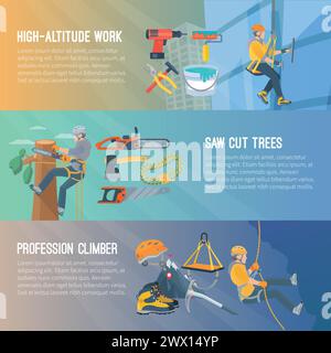 Horizontal flat color banners about high-altitude work saw cut trees profession climber vector illustration Stock Vector