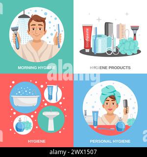 Hygiene design concept with cartoon compositions of personal hygiene products combs shavers and happy human character vector illustration Stock Vector