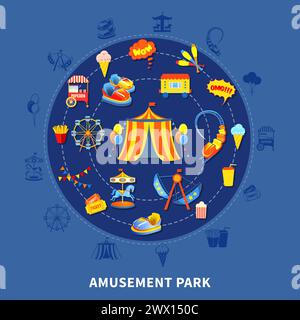 Amusement park presentation layout with big top attractions and food abstract isolated vector illustration Stock Vector