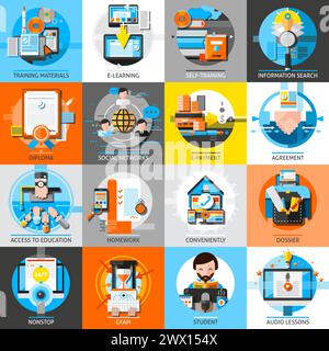 Online education flat color icons set of training materials audio lessons homework self education dossier design compositions isolated vector illustra Stock Vector