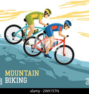 Mountain biking vector illustration with two bicyclist in sport form and helmets coming downhill on bikes Stock Vector