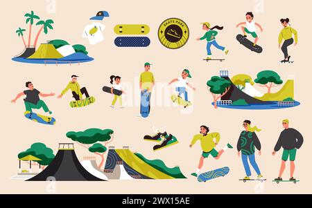 Skater color icons set with teenagers doing skate sports and park ramps isolated vector illustration Stock Vector