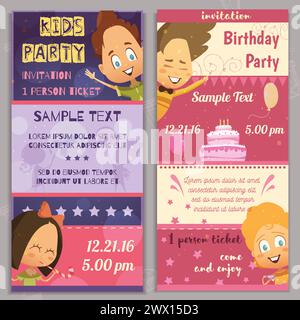 Kids party invitation layout vertical banners with glad children faces birthday cake and places for sample text flat vector illustration Stock Vector