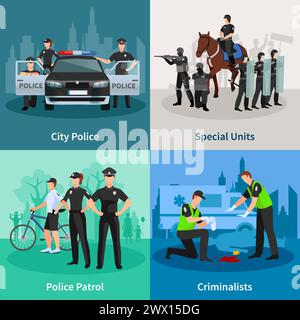 Police people 2x2 flat concept set of city police special units criminalists  and police patrol design compositions vector illustration Stock Vector
