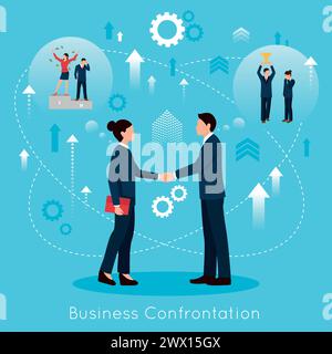 Constructive business confrontation for productive partnership concept flat symbolic composition poster with agreement handshake vector illustration Stock Vector