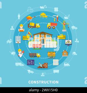 Flat construction elements with building tools equipment vehicles transport house and workers isolated vector illustration Stock Vector