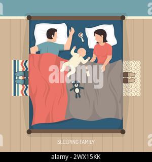 Top view of young family sleeping at home on double bed with nursing baby flat vector illustration Stock Vector