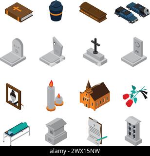 Funeral isometric icons set of bible ash coffin tombstone candles photo church roses testament isometric vector illustration Stock Vector