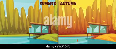 Nature parks outdoor 2 seasons retro cartoon style pictures for summer and autumn icons isolated vector illustration Stock Vector