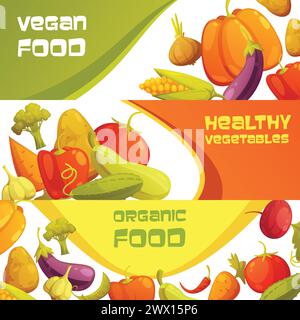 Healthy organic vegan food advertisement horizontal banners set with ripe farmers market vegetables isolated cartoon vector illustration Stock Vector