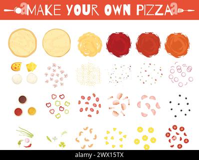 Set of pizza elements in cartoon style with dough vegetables cheese and meat sauces isolated vector illustration Stock Vector