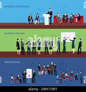 Conference horizontal banners with business people presented on different types of meetings vector illustration Stock Vector