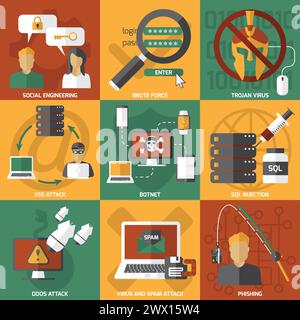Nine square hackers compositions set with pictograms about various kinds of electronic viral infection and attacks vector illustration Stock Vector