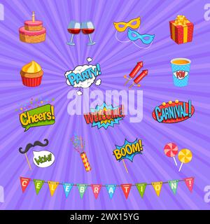 Carnival comic elements set with presents symbols flat isolated vector illustration Stock Vector
