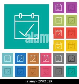 Calendar checked outline multi colored flat icons on plain square backgrounds. Included white and darker icon variations for hover or active effects. Stock Vector