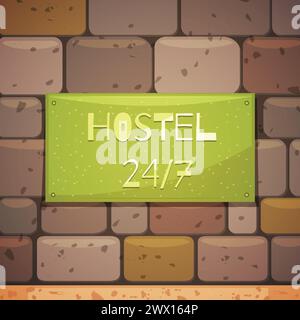 Hostel signboard with address on brick wall of guest house retro background flat vector illustration Stock Vector
