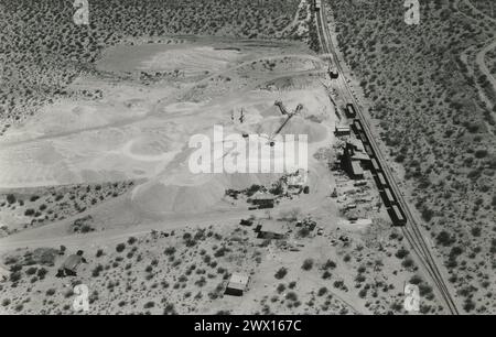 Aerial view of Sykes siding operations (probably in Inyo county) on land condemned for the building of Naval Air Weapons Station, China Lake in California ca. 1946 Stock Photo