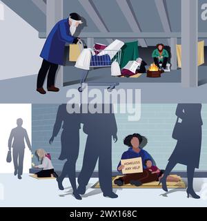 Homeless people flat horizontal compositions of hungry begging alms and unemployed living in city tents vector illustration Stock Vector