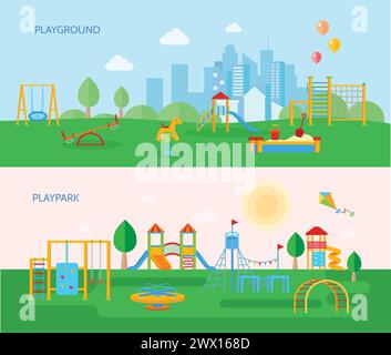 Two horizontal playground banners set with cartoon style flat images of playpark equipment trees and landscape vector illustration Stock Vector