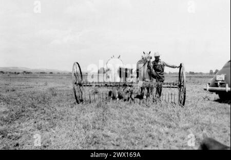 Farmer in Wyoming standing next to horse drawn farm equipment ca. 1938 Stock Photo