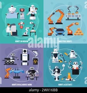Robots concept icons set with industrial robots symbols flat isolated vector illustration Stock Vector