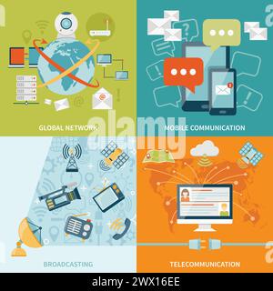 Telecommunication 2x2 design concept set of mobile radio and satellite communication and global network flat icons compositions vector illustration Stock Vector