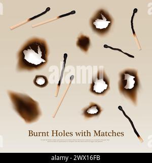 Paper with set of burnt holes and matches abstract vintage background in realistic style vector illustration Stock Vector