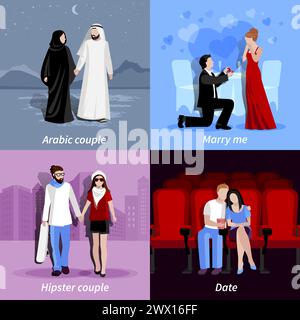 Happy couples spending time together in romantic atmosphere 2x2 flat icons set isolated vector illustration Stock Vector