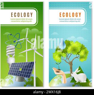 Clean sustainable and renewable green energy sources and environment protection 2 vertical ecological banners isolated vector illustration Stock Vector