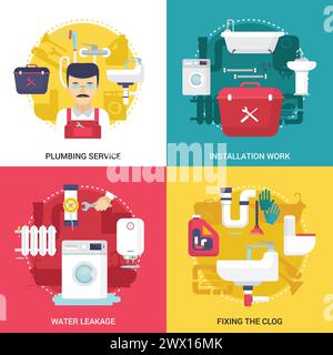 Clogged drains cleaning and installations plumbing service concept  4 flat icons square design abstract isolated vector illustration Stock Vector