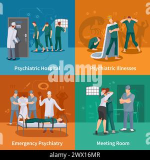 Psychiatric illnesses concept icons set with emergency psychiatry symbols flat isolated vector illustration Stock Vector