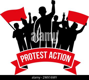 Protest action emblem with crowd demanding men and flag placard inscription on white background isolated vector illustration Stock Vector
