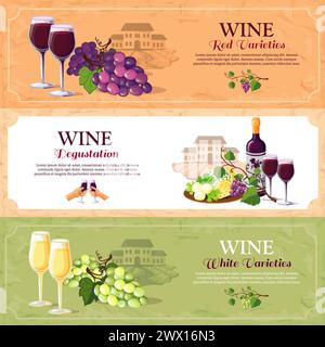 Wine horizontal banners set with red and white varieties and advertising of degustation hall flat vector illustration Stock Vector